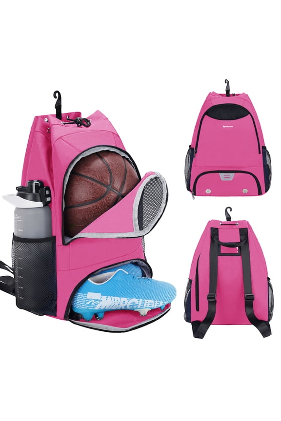 Drawstring Basketball Bag for Men Sports Backpack with Shoe Compartment Wet Pocket Hook Soccer Gym Equipment Bags with Name Tag for Women, Pink