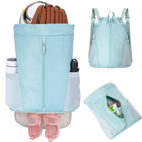 Sport Bag Basketball Drawstring Backpack Gym Bag with Shoe Compartment Football Bag for Men Women Travel Hiking Cycling Swim Bag, Green