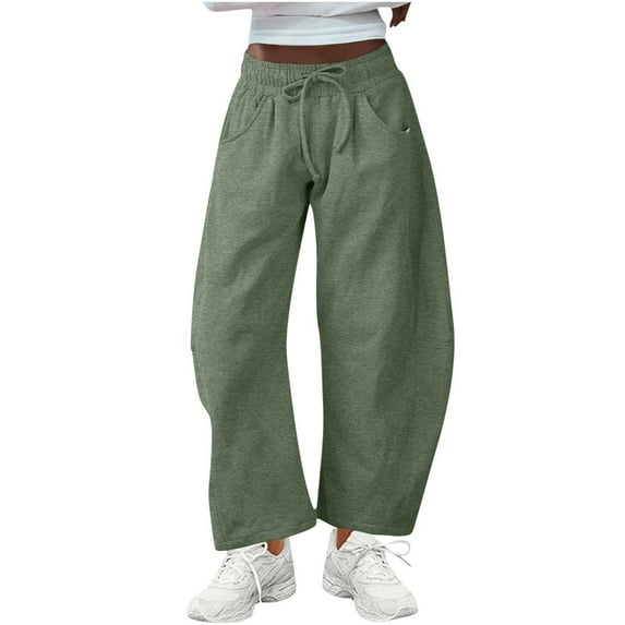 Drawstring Sweatpants Women Elastic Waist Wide Leg Pants with Pockets Solid Color Loose Casual Trousers
