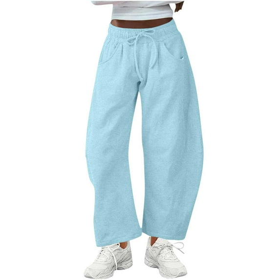 Drawstring Sweatpants Women Elastic Waist Wide Leg Pants with Pockets Solid Color Loose Casual Trousers