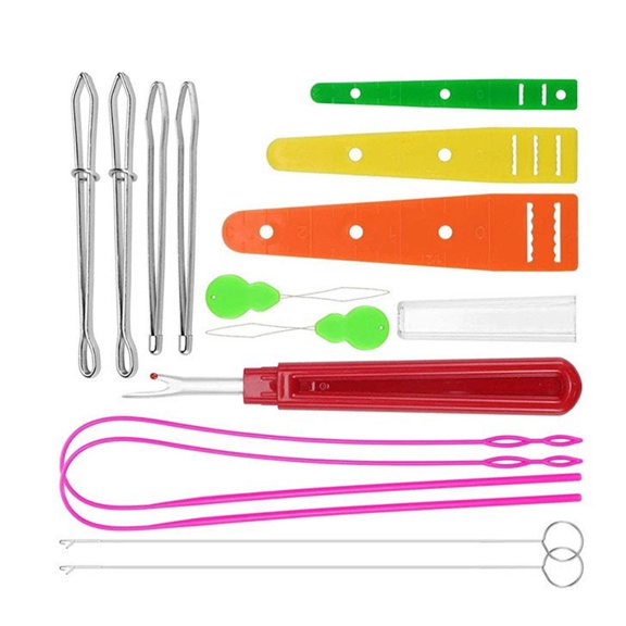 Drawstring Threader Tool Set with Metal Sewing Loop Turners Hook, Seam Tweezers, Cord Lock, Plastic Threader