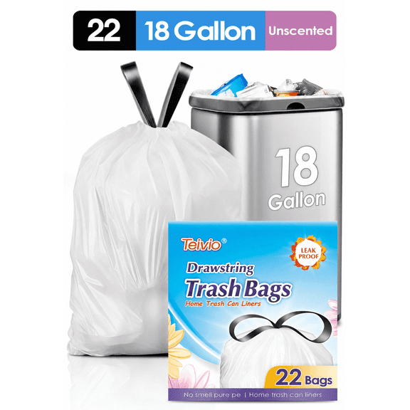 18 gallon Teivio Drawstring Trash Bags 22 pcs 16-18 Gal, Large Strong Tall Kitchen Trash Bags for Home/Office Residential Waste/Outdoor, Lawn Bag White
