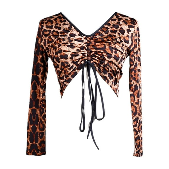Drawstring V Neck Ruched Front Ladies Leopard Print Dance Crop Top Outfits