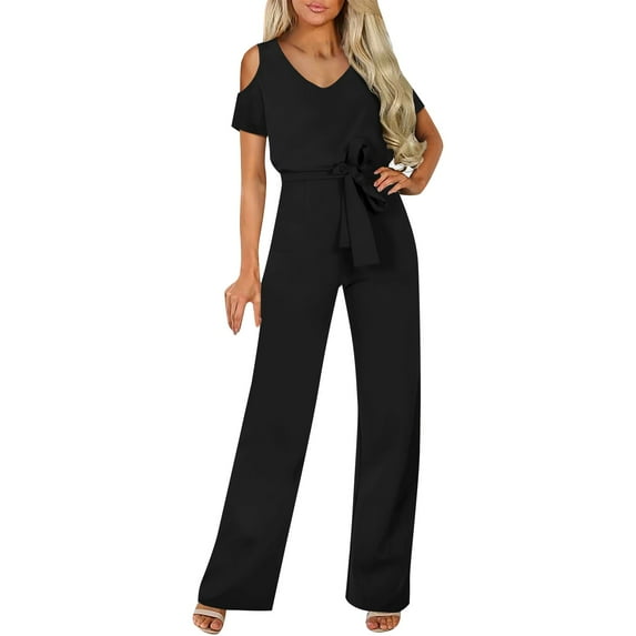 Drawstring V-Neck Short Sleeve Polyester Jumpsuits,Hollowed Out Off Shoulder Jumpsuit With Lace Up for Women