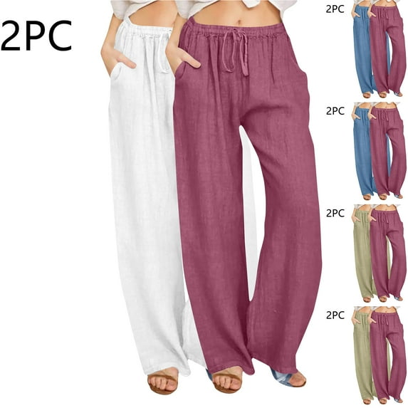 Drawstring Waist Casual Pants for Women, Solid Color Trousers with Pockets, Elastic Lounge Pants, Relaxed Fit Long Pants, Work From Home Gifts for Women | CSEONE,White L