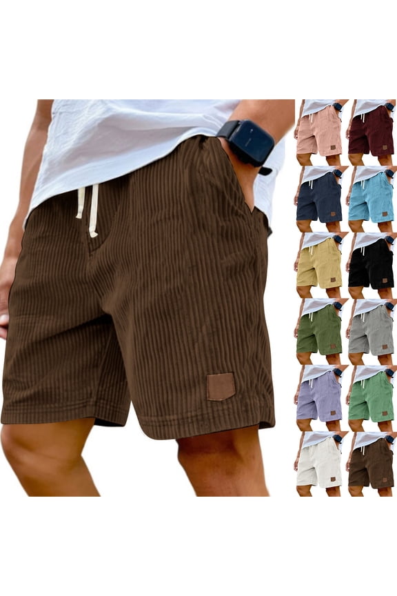 Drawstring Waist Corduroy Walk Shorts Men Casual Lightweight Summer Bermuda Bottoms with Pockets Vertical Stripes and Leather Patch Beach Bottoms, #03 Brown, M