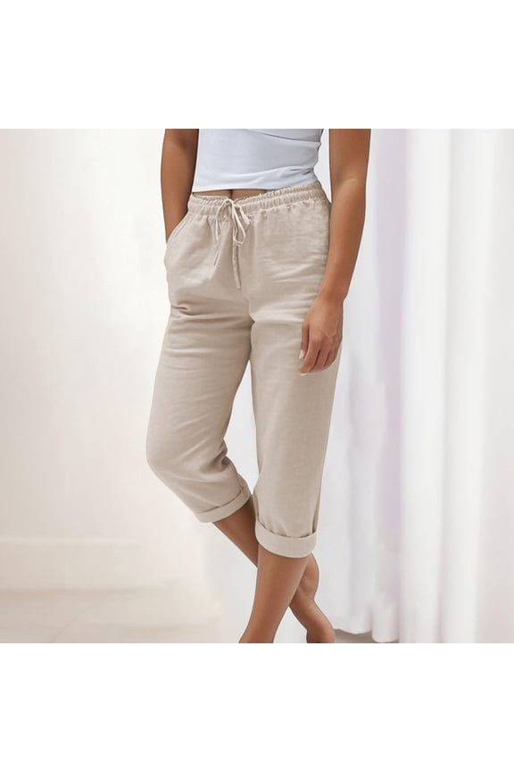 Drawstring Waist Linen Capri Pants, High Waist Elastic Waist Women's Straight Leg Side Pocket Rolled Cuff Hem Cropped Mid Calf Casual Bottoms, Beige S