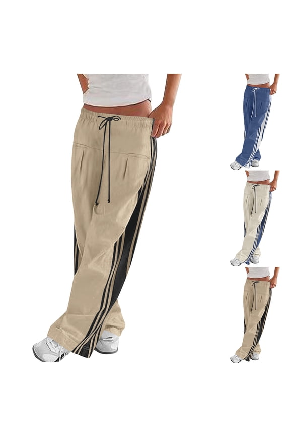 Drawstring Wide Leg Pants with Pockets, High Waisted Loose Fit Casual Sports Trousers, Side Striped Lounge Pants for Women, Streetwear Athleisure Gifts | CSEONE,Blue XL