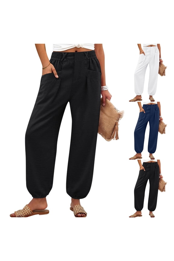 Drawstring Womens Cotton Linen Pants with Pockets Elastic High Waisted Lantern Tapered Harem Pants Ladies Cuffed Ankle Beach Loose Pants, #01 Black S