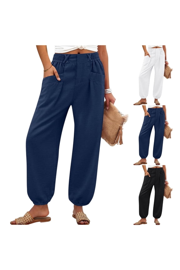 Drawstring Womens Cotton Linen Pants with Pockets Elastic High Waisted Lantern Tapered Harem Pants Ladies Cuffed Ankle Beach Loose Pants, #01 Blue L
