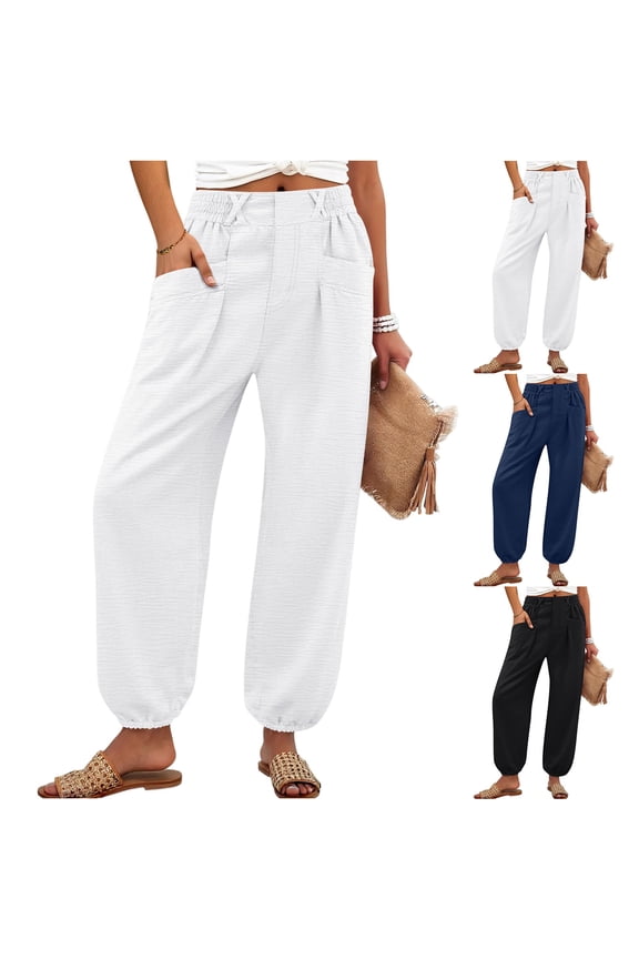 Drawstring Womens Cotton Linen Pants with Pockets Elastic High Waisted Lantern Tapered Harem Pants Ladies Cuffed Ankle Beach Loose Pants, #01 White L