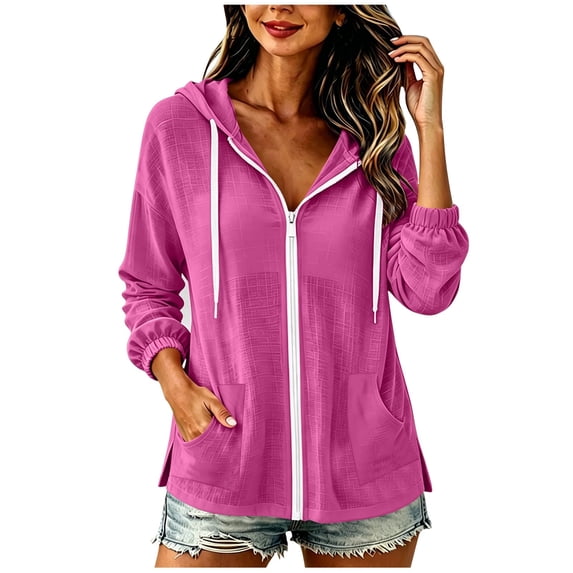 Drawstring Zip Up Hoodies for Women Fashion Thin Solid Color Long Sleeve Casual Top Summer Zipper Pockets Hooded Blouse Lightweight Outerwear with Pockets