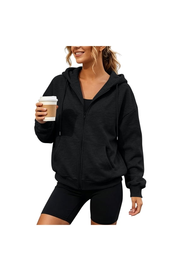 Drawstring Zip Up Hoodies for Women Solid Color Long Sleeve Sweatshirt Drop Shoulder Kangaroo Pocket Zip Front and Ribbed Cuffs Casual Jacket Spring Fall Clothes