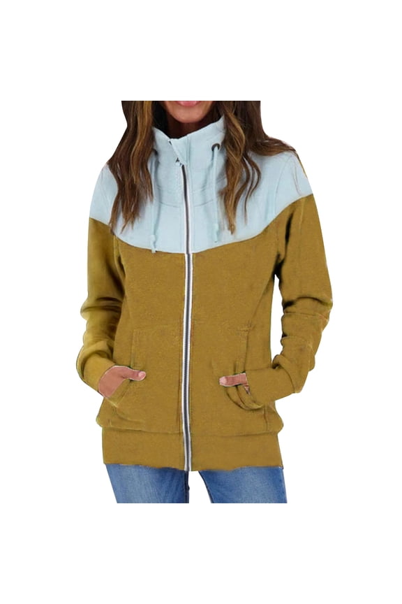 Drawstring Zip Sweatshirt in Long Sleeve Stand Collar with Pocket for Work - Ginger & Light Blue, Size XL