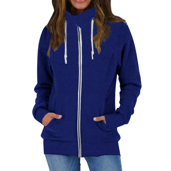 Drawstring Zip-Up Sweatshirt Jacket in Dark Blue, Long Sleeves, Stand Collar, XXL, with Pocket for Work