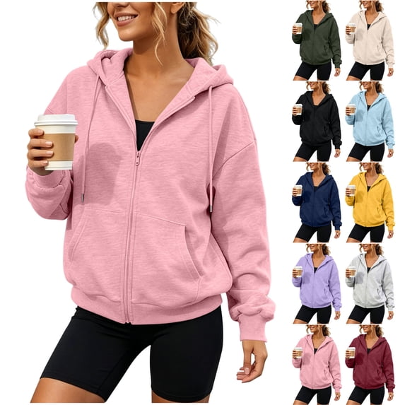 Drawstring Zip-up Hoodies for Women Casual Sweatshirt With Drop Shoulder Kangaroo Pocket And Ribbed Cuffs Jacket
