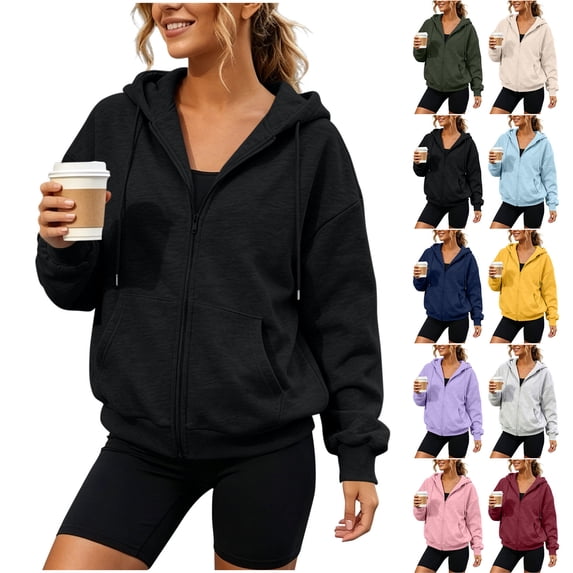 Drawstring Zip-up Hoodies for Women Casual Sweatshirt With Drop Shoulder Kangaroo Pocket And Ribbed Cuffs Jacket