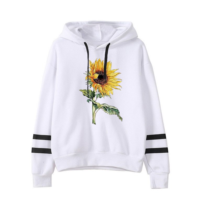 Drawstrting Hooded Pullover Sunflower Graphic Sweatshirts Western Tops for Ladies Trendy Plus Size Tops Long Sleeve T Shirts Womens Fall Fashion Loose