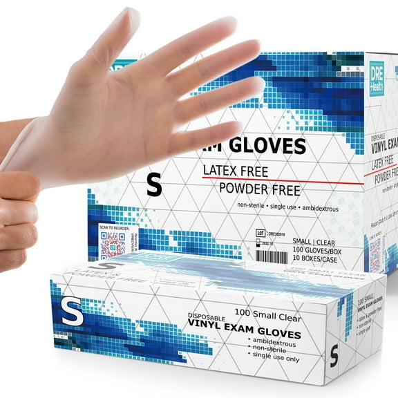 Dre Health Disposable Vinyl Gloves Case (S) 1000 Pack - Clear Latex and Powder Free Medical Exam Gloves 10 Packs of 100