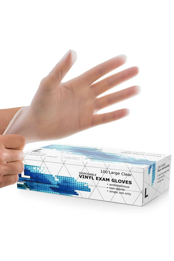 Disposable Vinyl Gloves (L) 100 Pack - Latex and Powder Free Medical Exam Gloves