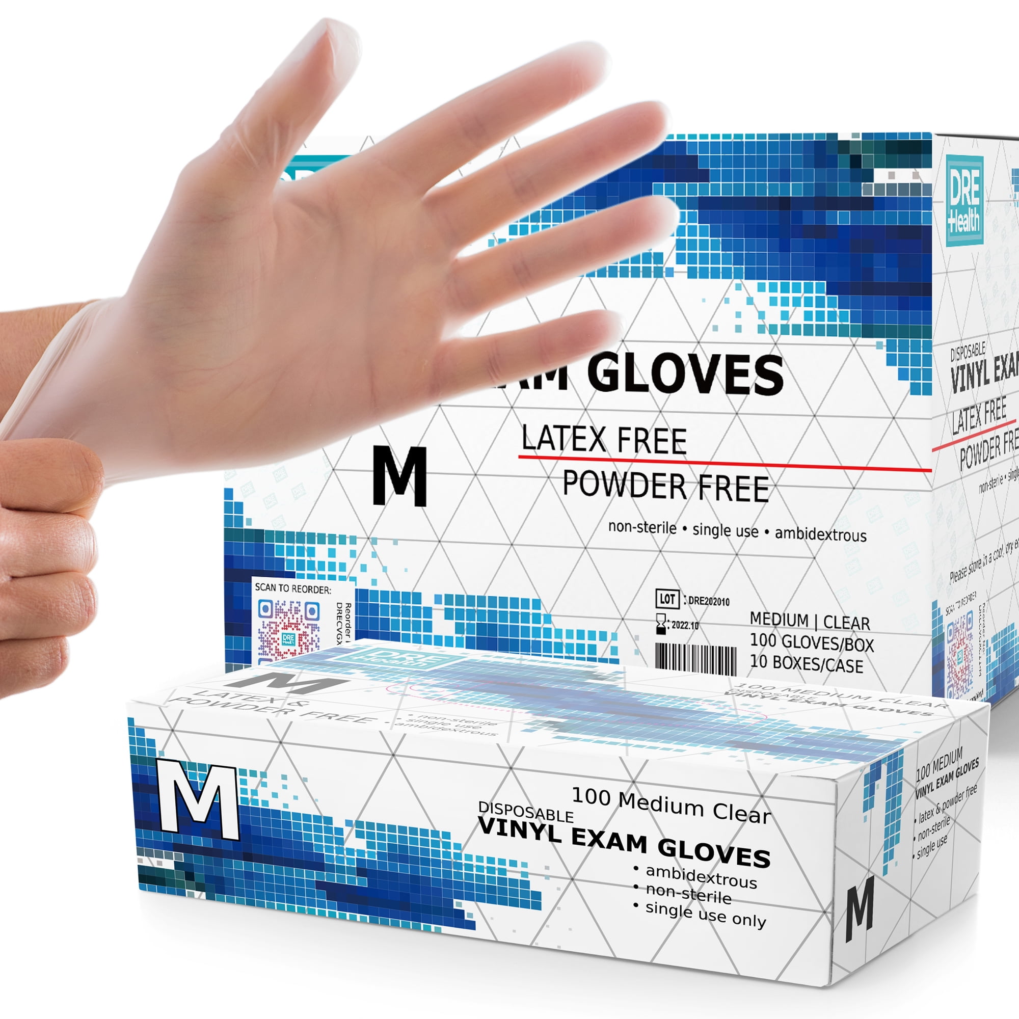 Dre Health Disposable Vinyl Gloves (M) 1000 Pack - Clear Latex and Powder Free Medical Exam Gloves 10 Boxes of 100