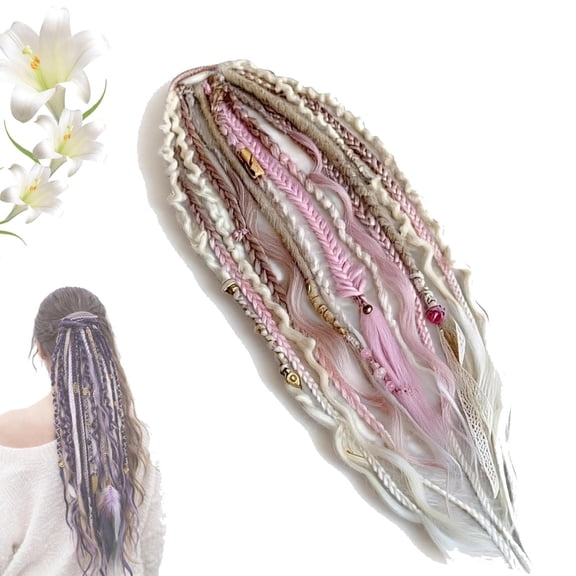 Dread Ponytail Extensions, Elastic Boho Dreadlock Hair with Beads & Shells, Easy 1-Minute Clip-In Ponytail for Festival, Travel & Casual (Blush)