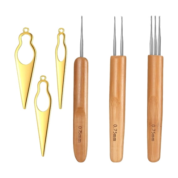 Dreadlock Crochet Needle Set 0.75mm, 6 Piece Hair Locking Care Set with 3 Needle Styles and Wood Handle for Threading Maintenance for Daily Hair Care