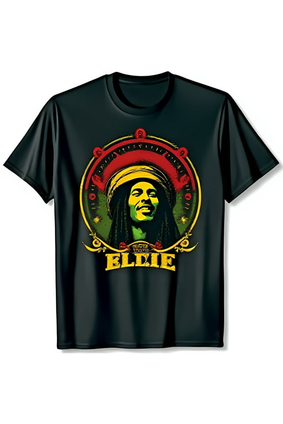 Dreadlocks Graphic Black T-Shirt with Circular Red Green Yellow Design Bold Yellow Text