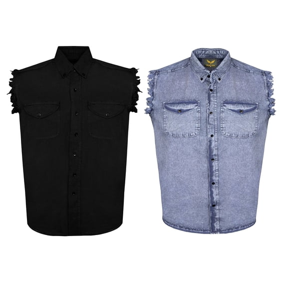 Dream Apparel 2 Piece Men's Biker Cuttoff Vest Denim/Cotton Shirt with Vintage and Frayed Sleeveless Look 2 Front Pockets