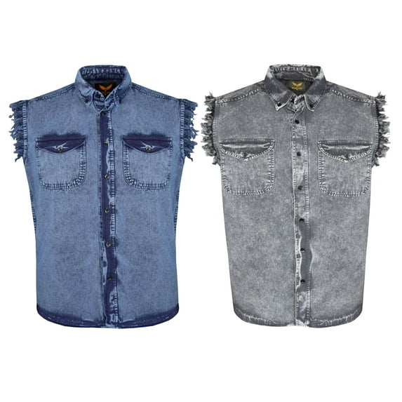 Dream Apparel 2 Piece Men's Biker Cuttoff Vest Denim/Cotton Shirt with Vintage and Frayed Sleeveless Look 2 Front Pockets