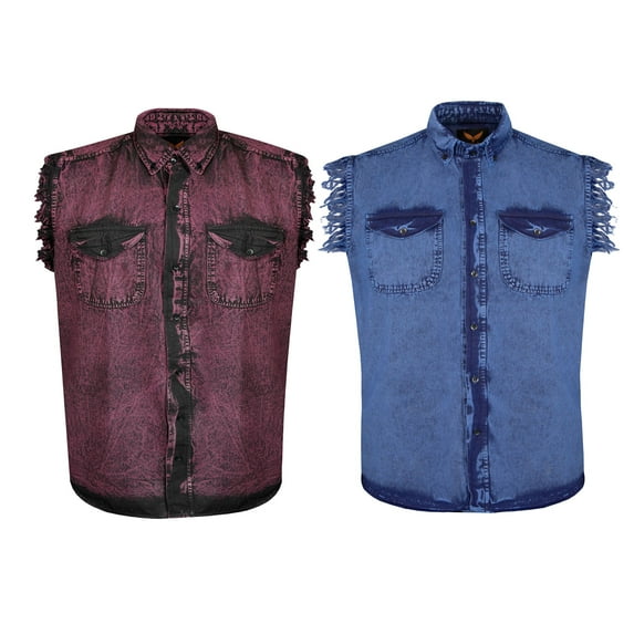 Dream Apparel 2 Piece Men's Biker Cuttoff Vest Denim/Cotton Shirt with Vintage and Frayed Sleeveless Look 2 Front Pockets