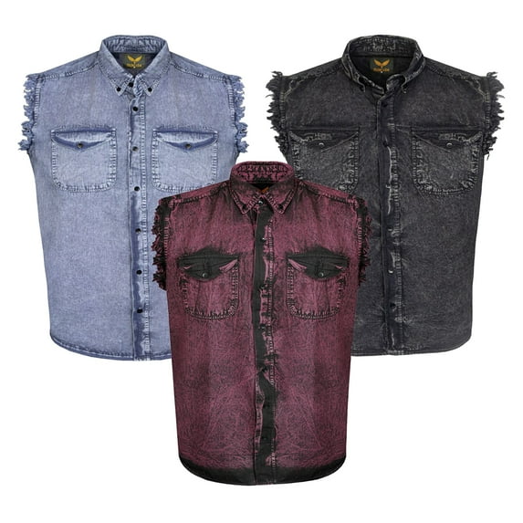Dream Apparel 3 Piece Men's Biker Cuttoff Vest Denim/Cotton Shirt with Vintage and Frayed Sleeveless Look 2 Front Pockets