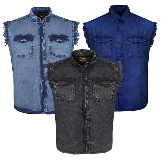 Dream Apparel 3 Piece Men's Biker Cuttoff Vest Denim/Cotton Shirt with Vintage and Frayed Sleeveless Look 2 Front Pockets