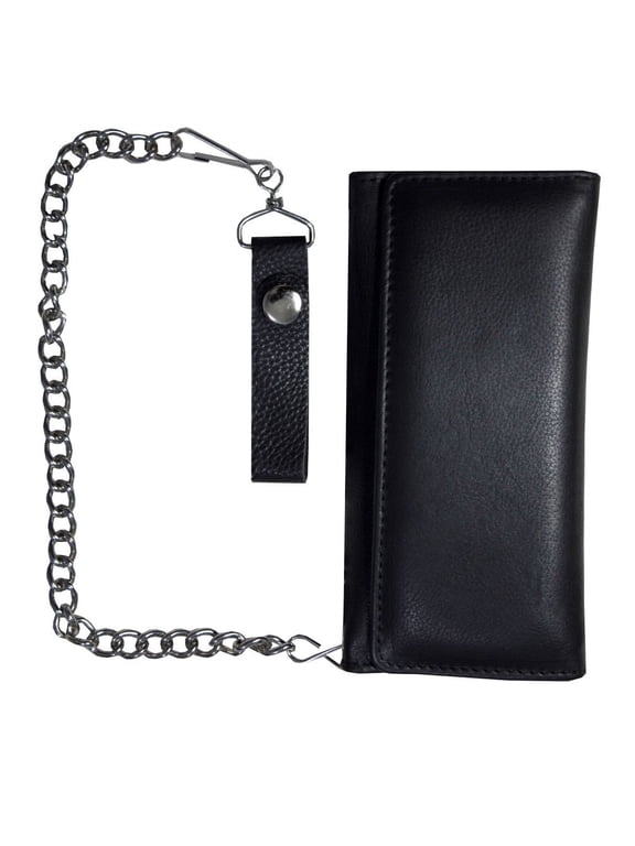 Bifold Chain Wallet for Men and Women, Cowhide Leather Motorcycle Biker Wallet with Anti-Theft Steel Chain, Black ID Card Holder Trucker Wallet with Snap Closure