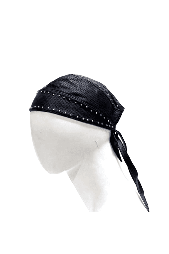 Black Cycling Bandana with Studs Doo Rags Adjustable Skull Cap Motorcycle Biker Leather Cap