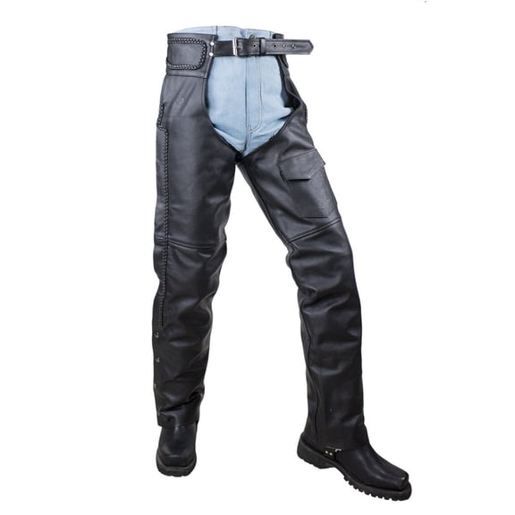 Dream Apparel Black Motorcycle Leather Chaps for Men Women Riding Black Split Leather Chaps Biker Chap Pants W/ Mesh Lining