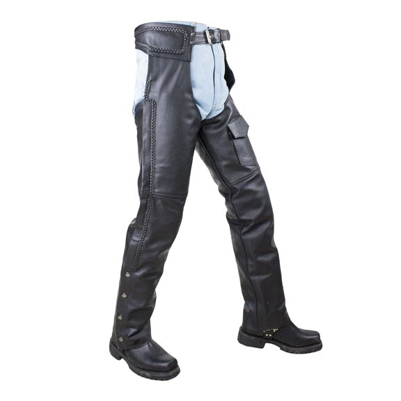 Dream Apparel Black Motorcycle Leather Chaps for Men Women Riding Black Split Leather Chaps Biker Chap Pants W/ Mesh Lining
