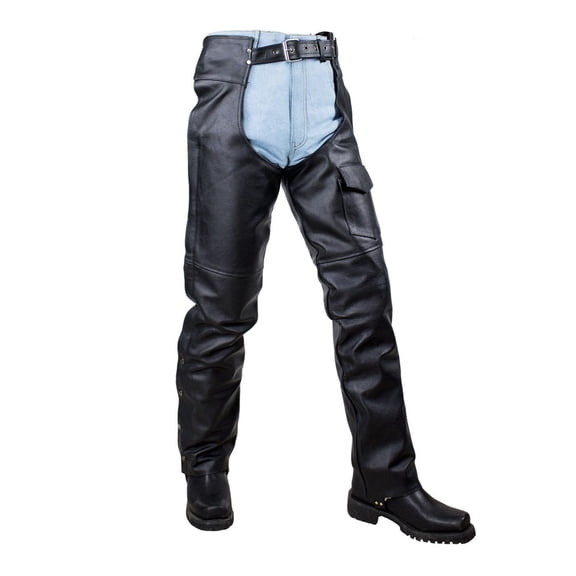 Dream Apparel Black Motorcycle Leather Chaps for Men Women Riding Black Split Leather Chaps Biker Chap Pants W/ Mesh Lining