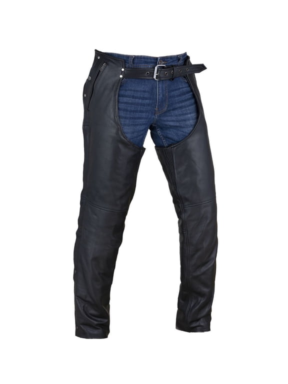 Black Motorcycle Leather Chaps for Men Women Riding with Zip Out Liner, Cowboy Biker Chap Pants W/Four Pockets