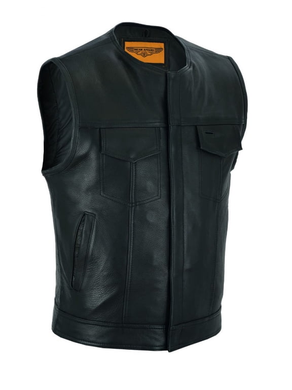 Club Vest SOA Men’s Motorcycle Leather Vest with Pockets, Biker Vest Collarless Black Liner