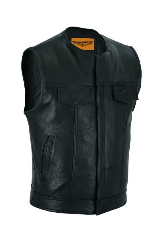 Club Vest SOA Men’s Motorcycle Leather Vest with Pockets, Biker Vest Collarless Black Liner