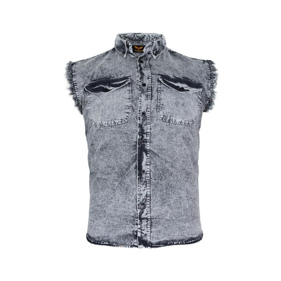 Dream Apparel Men's Biker Cuttoff Vest Denim/Cotton Shirt with Vintage and Frayed Sleeveless Look 2 Front Pockets