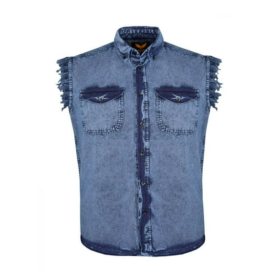 Dream Apparel Men's Biker Cuttoff Vest Denim/Cotton Shirt with Vintage and Frayed Sleeveless Look 2 Front Pockets