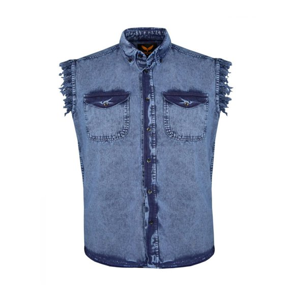 Dream Apparel Men's Biker Cuttoff Vest Denim/Cotton Shirt with Vintage and Frayed Sleeveless Look 2 Front Pockets