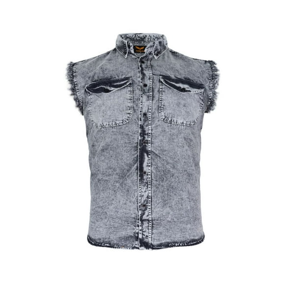 Dream Apparel Men's Biker Cuttoff Vest Denim/Cotton Shirt with Vintage and Frayed Sleeveless Look 2 Front Pockets