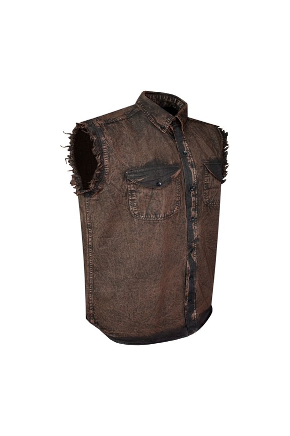 Men's Biker Cuttoff Vest Denim/Cotton Shirt with Vintage and Frayed Sleeveless Look 2 Front Pockets