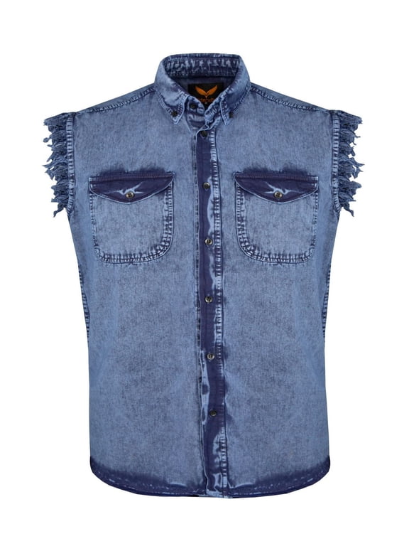 Men's Biker Cuttoff Vest Denim/Cotton Shirt with Vintage and Frayed Sleeveless Look 2 Front Pockets