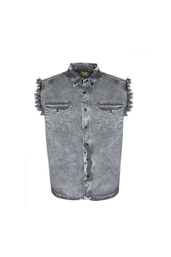 Men's Biker Cuttoff Vest Denim/Cotton Shirt with Vintage and Frayed Sleeveless Look 2 Front Pockets