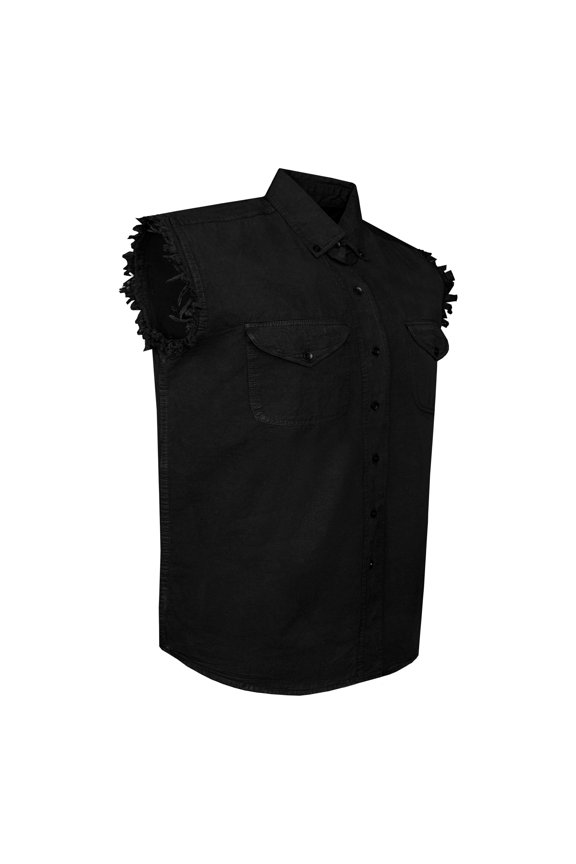 Men's Biker Cuttoff Vest Denim/Cotton Shirt with Vintage and Frayed Sleeveless Look 2 Front Pockets