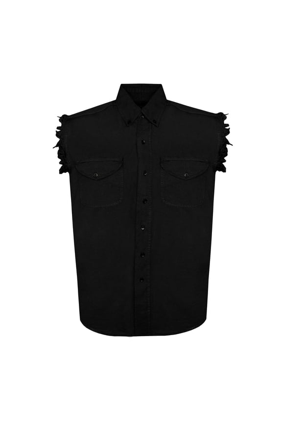 Men's Biker Cuttoff Vest Denim/Cotton Shirt with Vintage and Frayed Sleeveless Look 2 Front Pockets